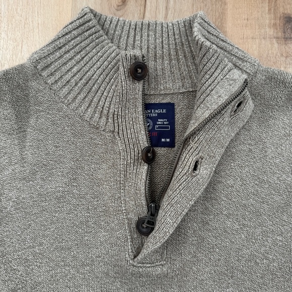 American Eagle Beige Tan Cotton Half Zip & Button Up Knitted Sweater Athletic M - Picture 5 of 11